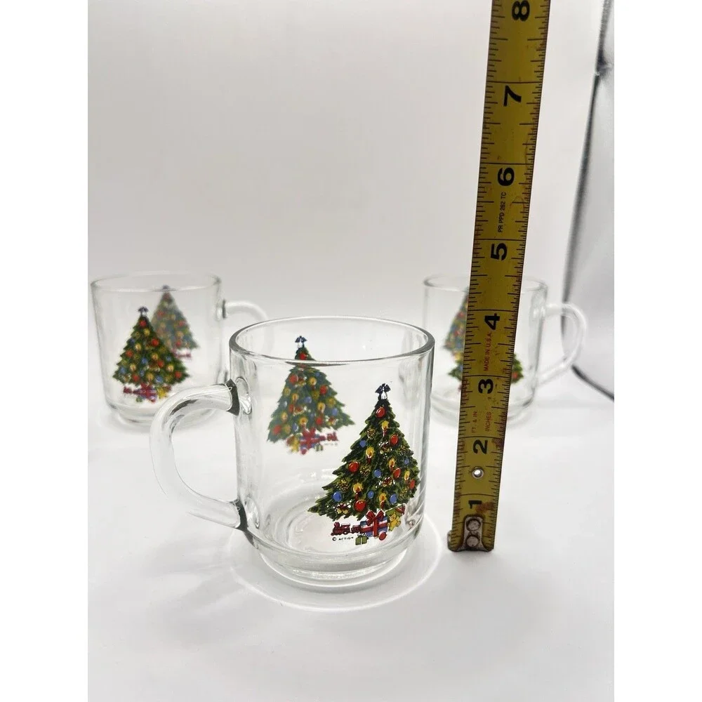 1989. 4 Mugs Carlton Glass Christmas Treasure Decorated Tree Design 3.5